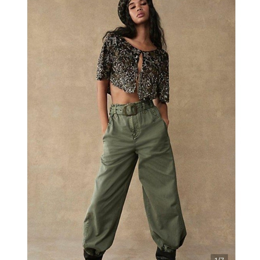 NEW Free People Sloane Belted Wide Leg Baggy Pants XS Green Herringbone Utility